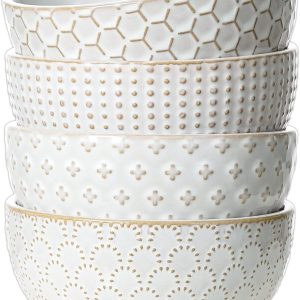 26-Ounce Embossed Stoneware Cereal Bowls Set of 4, Oven, Microwave and Dishwasher Safe