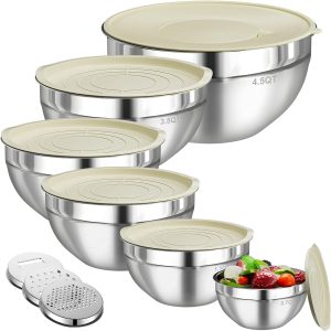 6-Piece Stainless Steel Mixing Bowl Set with Lids and Grater Attachments