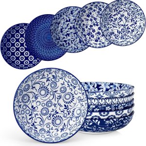 40-Ounce Porcelain Pasta Bowls Set of 6, 8.5 Inch, Microwave and Dishwasher Safe